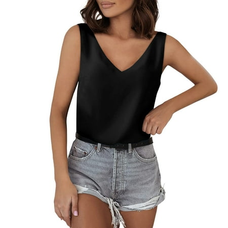 Womens Tops Beard Tops for Women Apparel T Shirt Baggy Womens Band Top Women Athletic Tank For V Neck Silk Summer Satin Sleeveless Blouse Basic Camisole Shirts Black S
