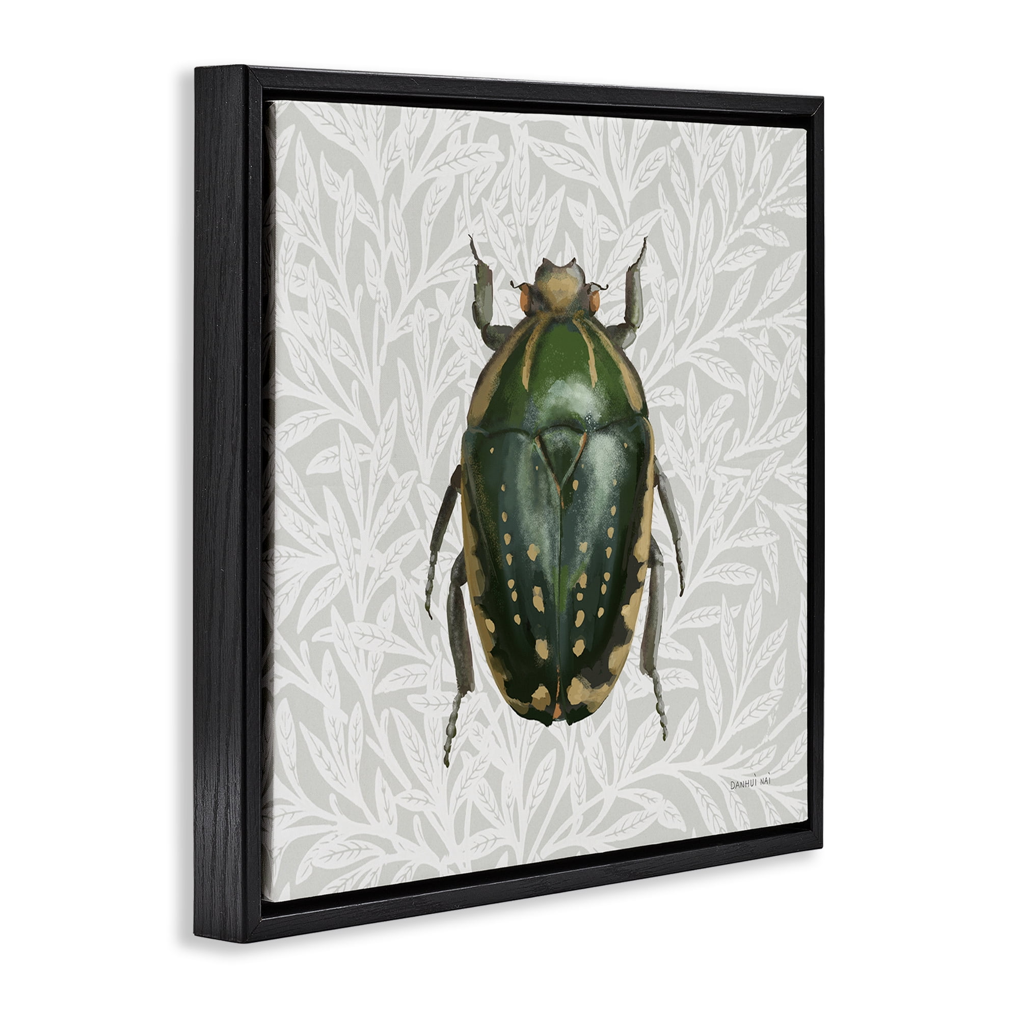 Stupell Industries Beetle with Botanical Pattern Animals & Insects Painting Black Floater Framed Canvas Art Print Wall Art, 25 x 25