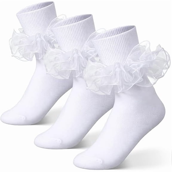 Eryueer 3Pairs Big Ruffle Socks Women, Cotton Comfort Ankle Ribbed Turn Cuff Double Lace Cute Crew Socks