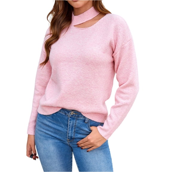 Smupbvky Mock Neck Sweater for Women Front Cuts Drop Shoulder Pullover Trendy Winter Cute Cuffed Long Sleeve Tops (XL, Pink)