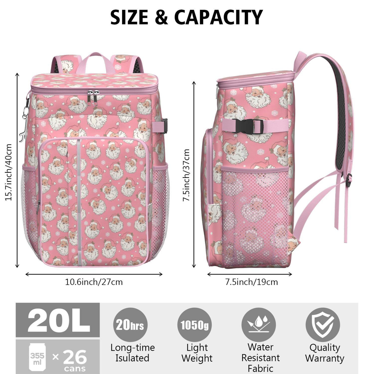 Travel Cooler Bag - Pink Christmas Santa Pattern Camping Beer Cooler Backpack with Bottle Opener- Waterproof Insulated Picnic Backpacks - Cooler Bag for Beach