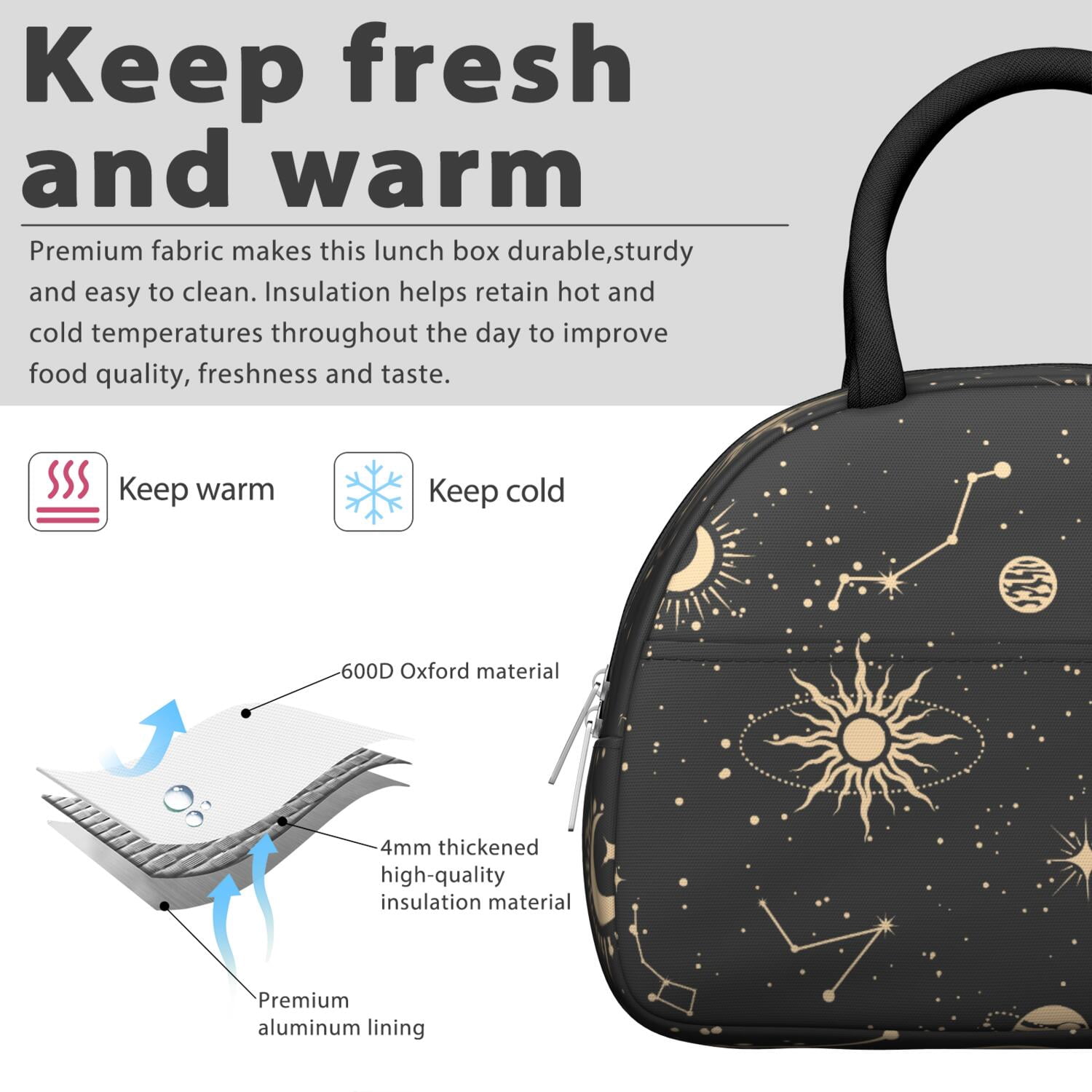 Witchy Spiritual Lunch Bag for Women, Gothic Sun and Moon Pattern with Starry Sky Print, Leakproof Thermal Tote for Work, Travel, or Meal Prep