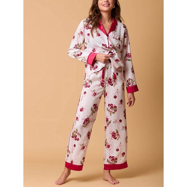 Conjunto de pijama navideño para mujer, con estampado de pasteles, cerezas y copas de cóctel, camisas de manga larga, tops y pantalones, 2 piezas, ropa de estar por casa
