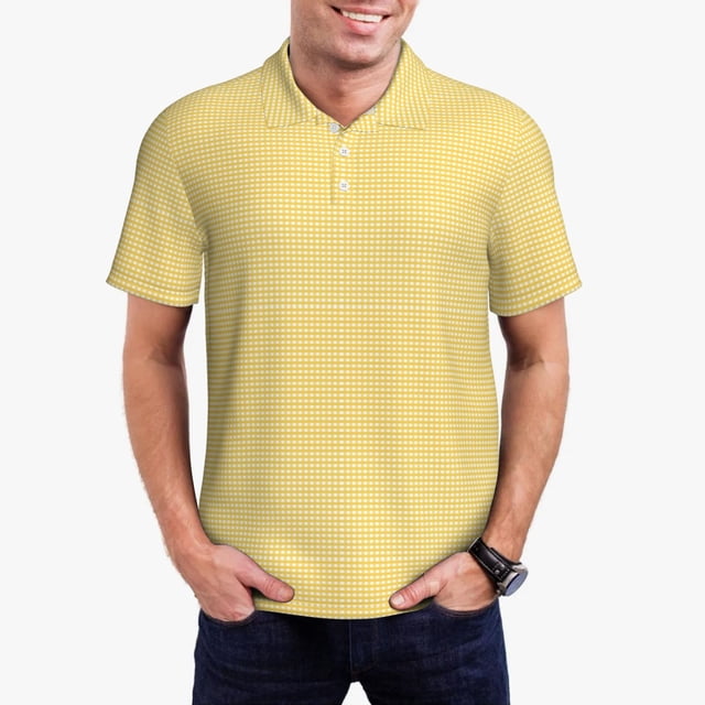 Fotbe Yellow Gingham Camiseta Polo de Golf para Hombre con Estampado – Camisa Deportiva Transpirable con Cuello Abotonado-X-Large