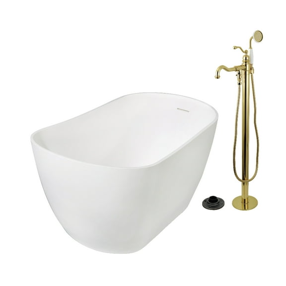 Kingston Brass KRTSS5130132AL 51" Solid Surface Oval Single Slipper Freestanding Tub with Faucet Combo and Drain, Polished Brass