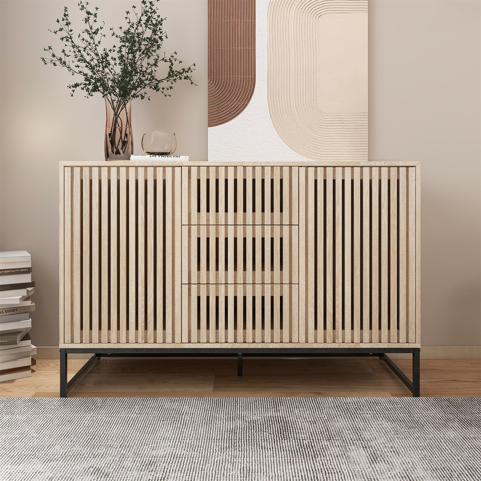 Spaco 3 Door Accent Storage Cabinet Sideboard Cabinet for Living Room with 3 Drawer, Natural Spaco 3 Door Accent Storage Cabinet Sideboard Cabinet for Living Room with 3 Drawer, Natural