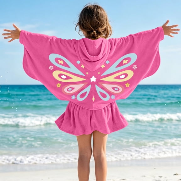 OGLCCG Girls' Butterfly Swim Cover Up Hooded Terry Zip-Up Bathing Towel Suit Wrap with Pockets Beach Pool Clothes Size 4-15