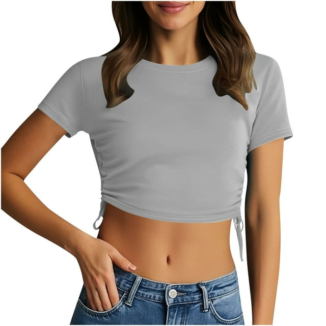 fheaev Summer Crop Tops for Women Tshirts Drawstring Solid Color Going Out Workout Y2K Clothes Beach Fashion Vacation Clothes Outfits