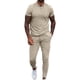 thumbnail image 2 of Traje de ocio para hombre, cuello vuelto, cintura con cremallera, Color puro, manga corta, pantalones largos, chándal, color caqui, 3XL, 2 of 6