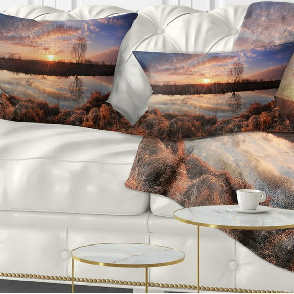 Designart Sunrise Above Spring River - Landscape Photo Throw Pillow - 12x20