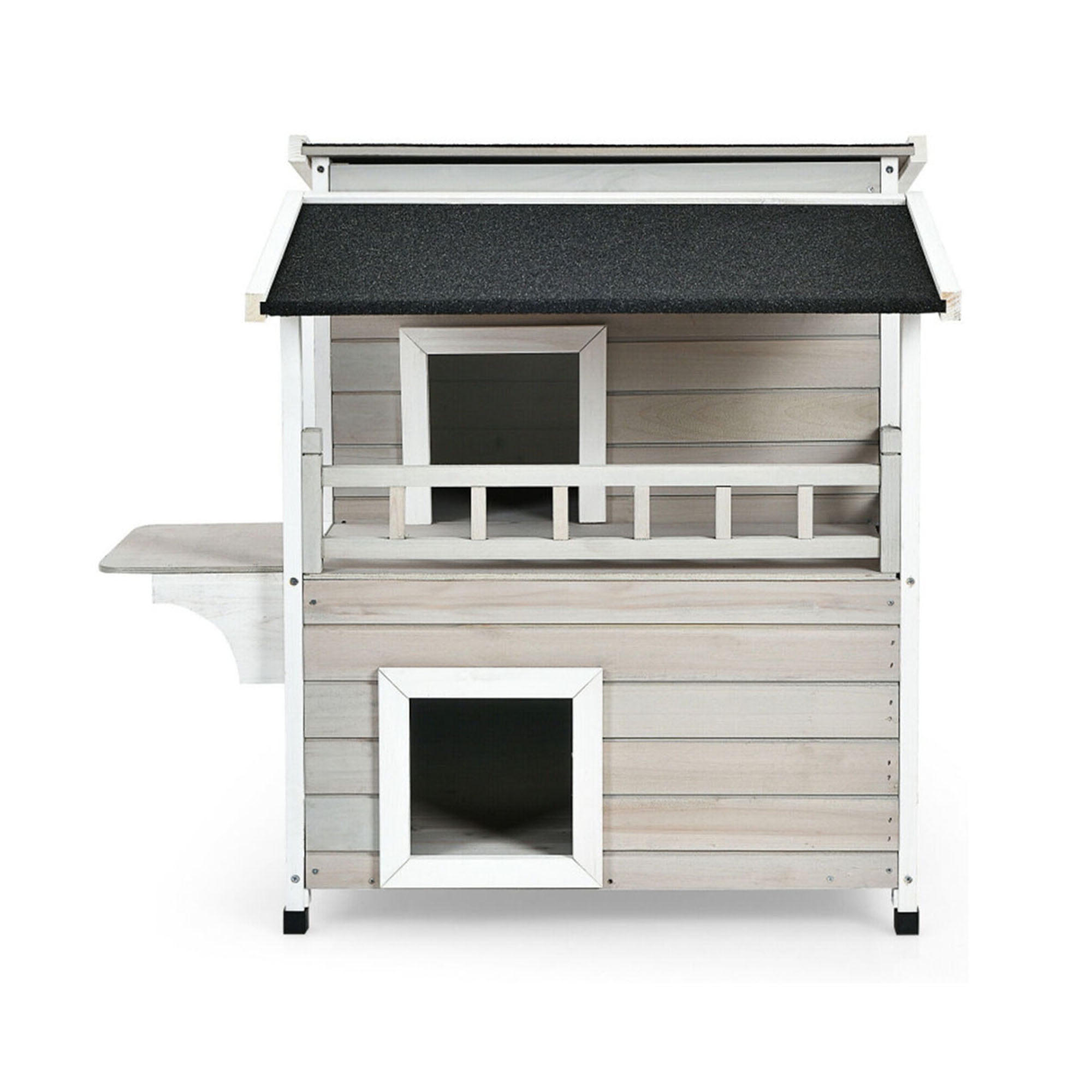resenkos 36" Wooden Cat House with Large Balcony, Cat Condo Shelter Catio for Small Medium Cats, 2-Story Patio Cat Shelter, Gray