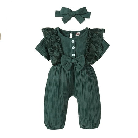 

Cotton Baby Jumpsuit Outfits Romper Lace Boys Bow Girls Headband Linen Girls Romper&Jumpsuit