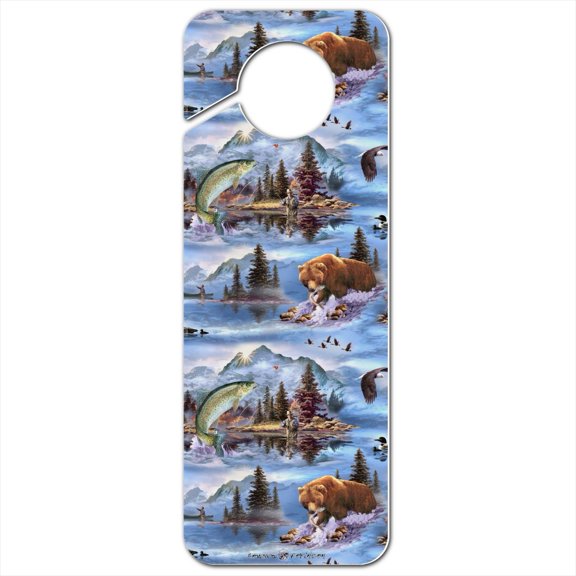 Mountain Fly Fishing Bear Stream Lake Fish Plastic Door Knob Hanger Sign