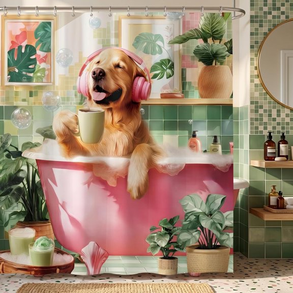 Golden Retriever Shower Curtain Cute Dog Drinking Coffee in Bathtub with Pink Headphones and Green Plants Fabric Bathroom Decor 71x71 inches
