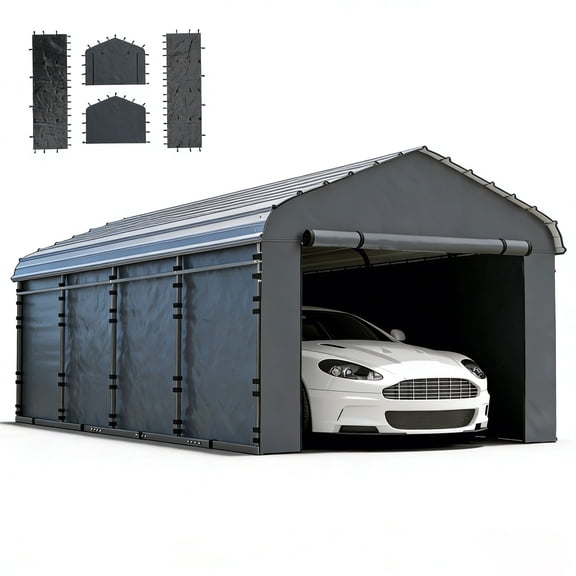 AuraLane Carport Replacement Sidewall Panel for 10' x 15' Carports,UPF50  Waterproof PE Tarp with Zipper Door,Top Cover and Frame Not Included