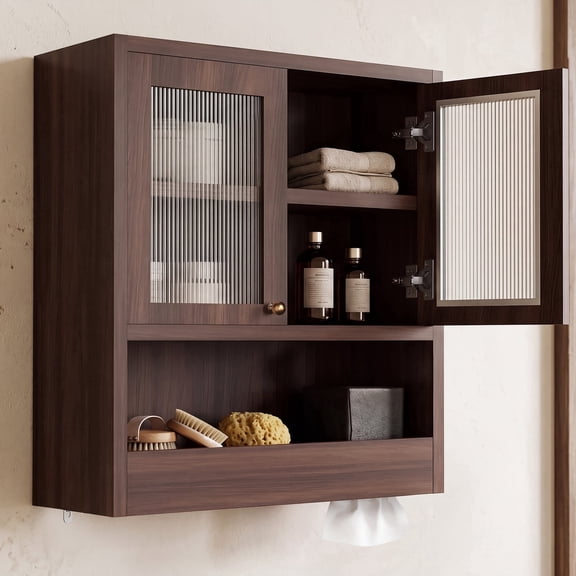 OMCMUU 24.4" Wall Mounted Bathroom Cabinet, Medicine Cabinet with Fluted Acrylic Double Doors and Towel Bar, High-Density Wood Storage (Walnut)