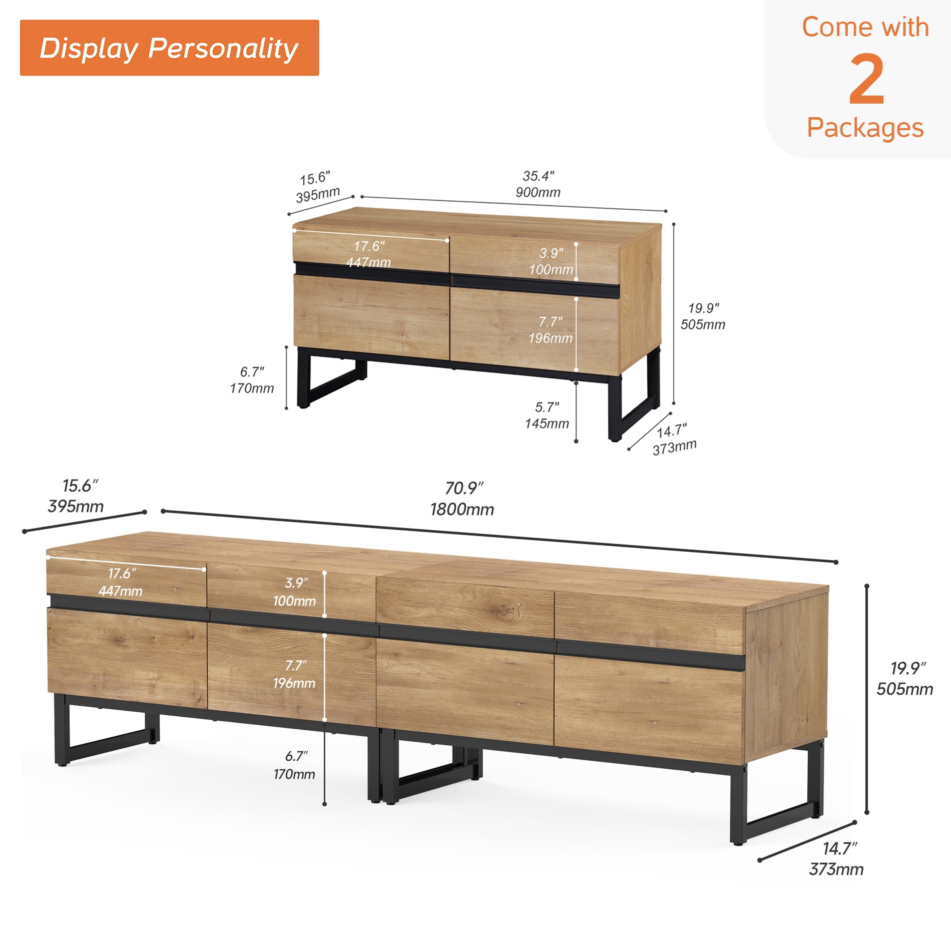Modern 3-Piece Living Room Set, 71 Inch TV Stand And 2 End Table Sets With Drawers, Media Console with Storage Shelves, Sturdy Wood Frame & Metal Legs, Contemporary Furniture for Living Room,Oak