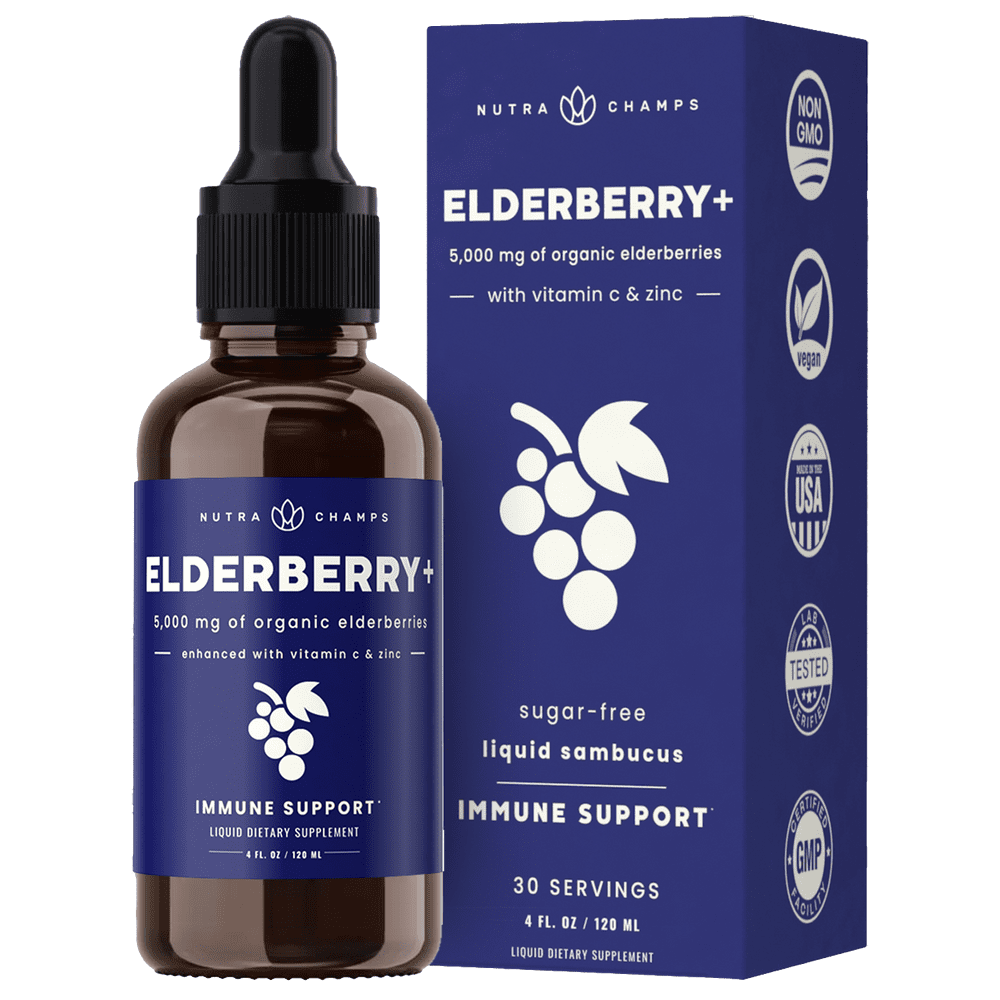 NutraChamps Organic Elderberry Syrup Liquid Extract for Kids & Adults - Sugar-Free Vegan Sambucus Nigra Antioxidant Drops Supplement - Berry Flavor 2oz - Immune Support & Seasonal Protection