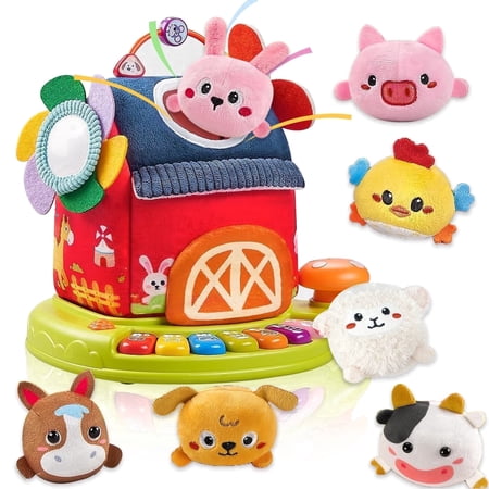 LINXUXIE Musical Baby Toys, Surprise Barn with 7 PCS Stuffed Farm Animals, 4 Mode Sound & LED Lights, Montessori Sensory Birthday Gifts for 18M+ Months
