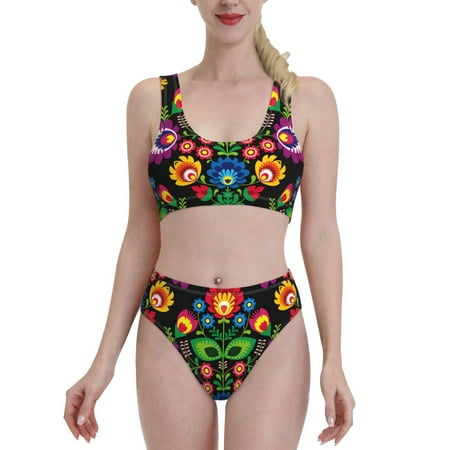 Bixox Traditional Floral Polish Pattern Two-Piece Sports Bikini with U-Shaped Top and High-Waist Bottom - Women s Swimwear with Removable Bra Pads