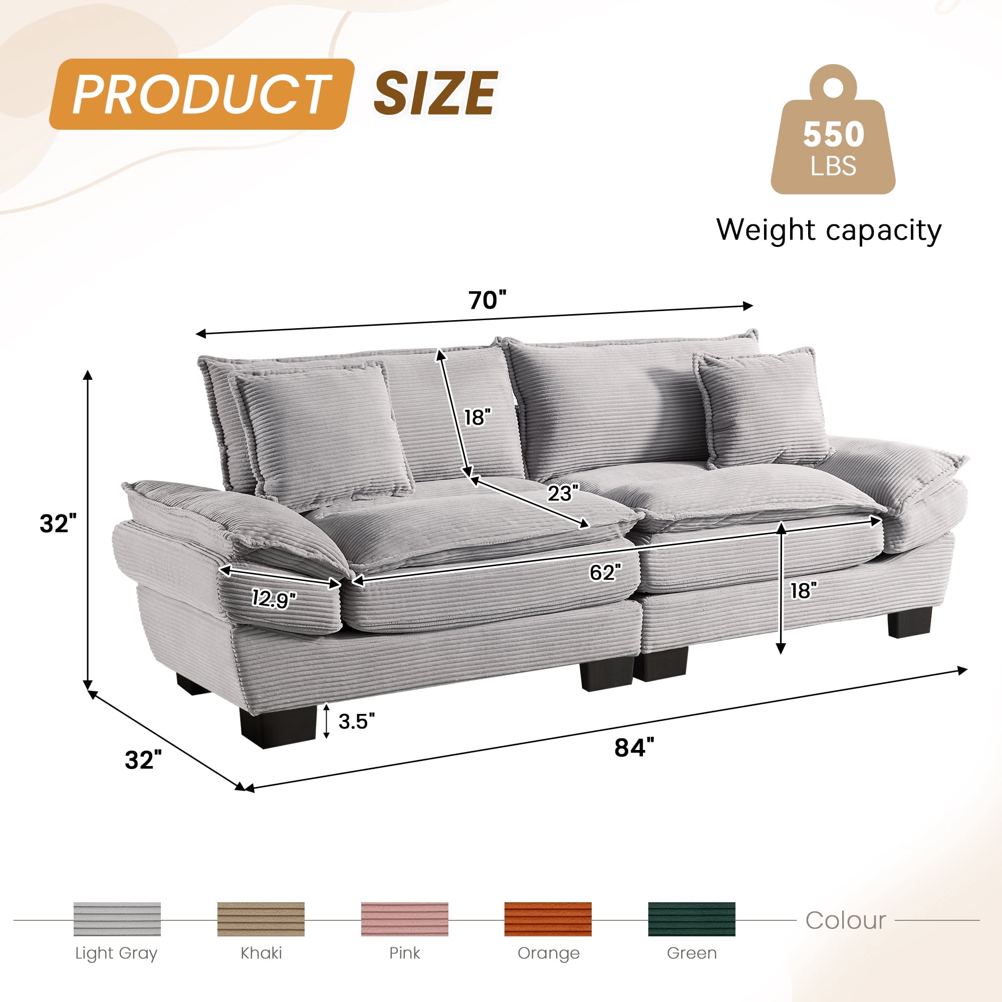 Dinosisco 84"L Deep Seat Sofa, Corduroy Upholstered Sleeper Couch for Living Room, Light Gray