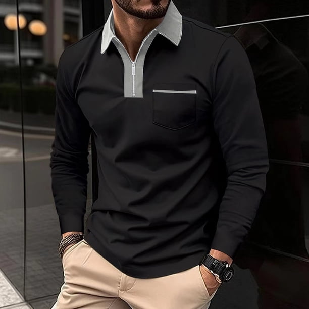 pstuiky camisetas de manga larga para hombre, Camisa de golf de moda para hombre, de manga larga, con bolsillo y cuello abatible, de color liso Tops de hombre s