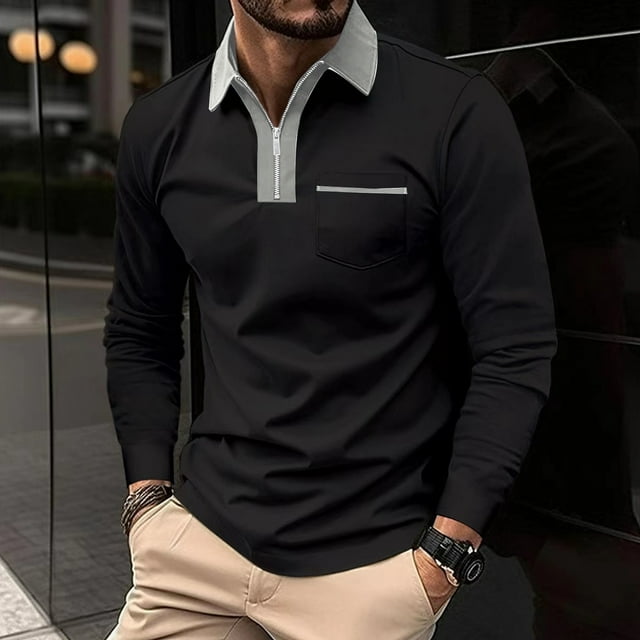 Shirts for Men, Men Solid Color Pocket Long Sleeves Flip Collar Fashion Golf Shirt Tops