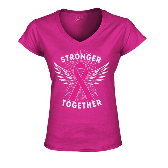 S4E Women's Stronger Together Breast Cancer Slim Fit V-Neck T-Shirt X-Small Pink
