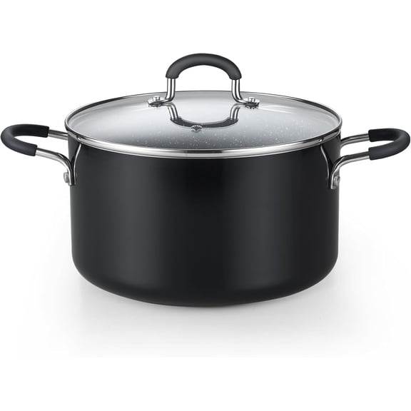 Cook N Home Professional 6 Quart Nonstick Stock Pot with Lid, Cooking Pot with Silicone Handle,Stockpot with Even Heating, Heavy Gauge Aluminum Induction Cookware, Black/ Marble