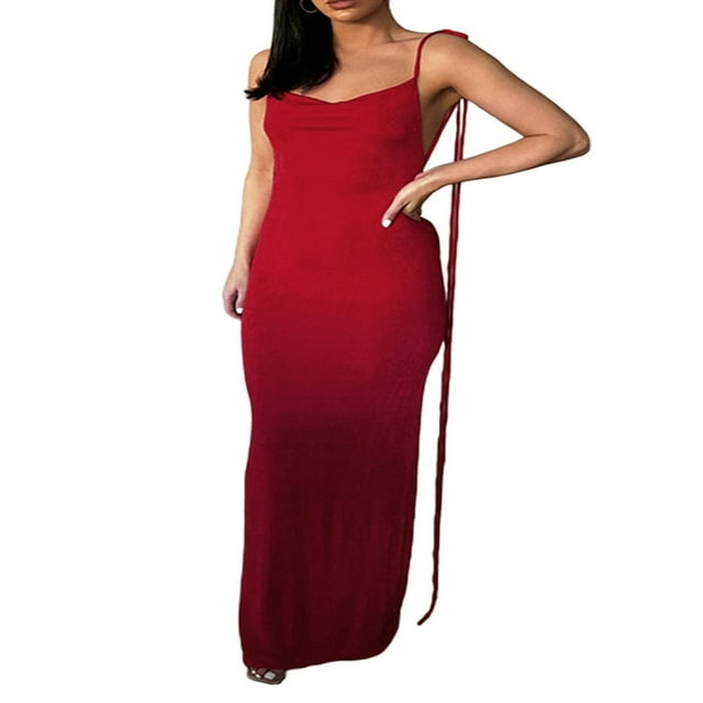 Women Open Back Slip Dress Solid Color Spaghetti Strap Floor Length Skirt Black/ Beige/ Blue