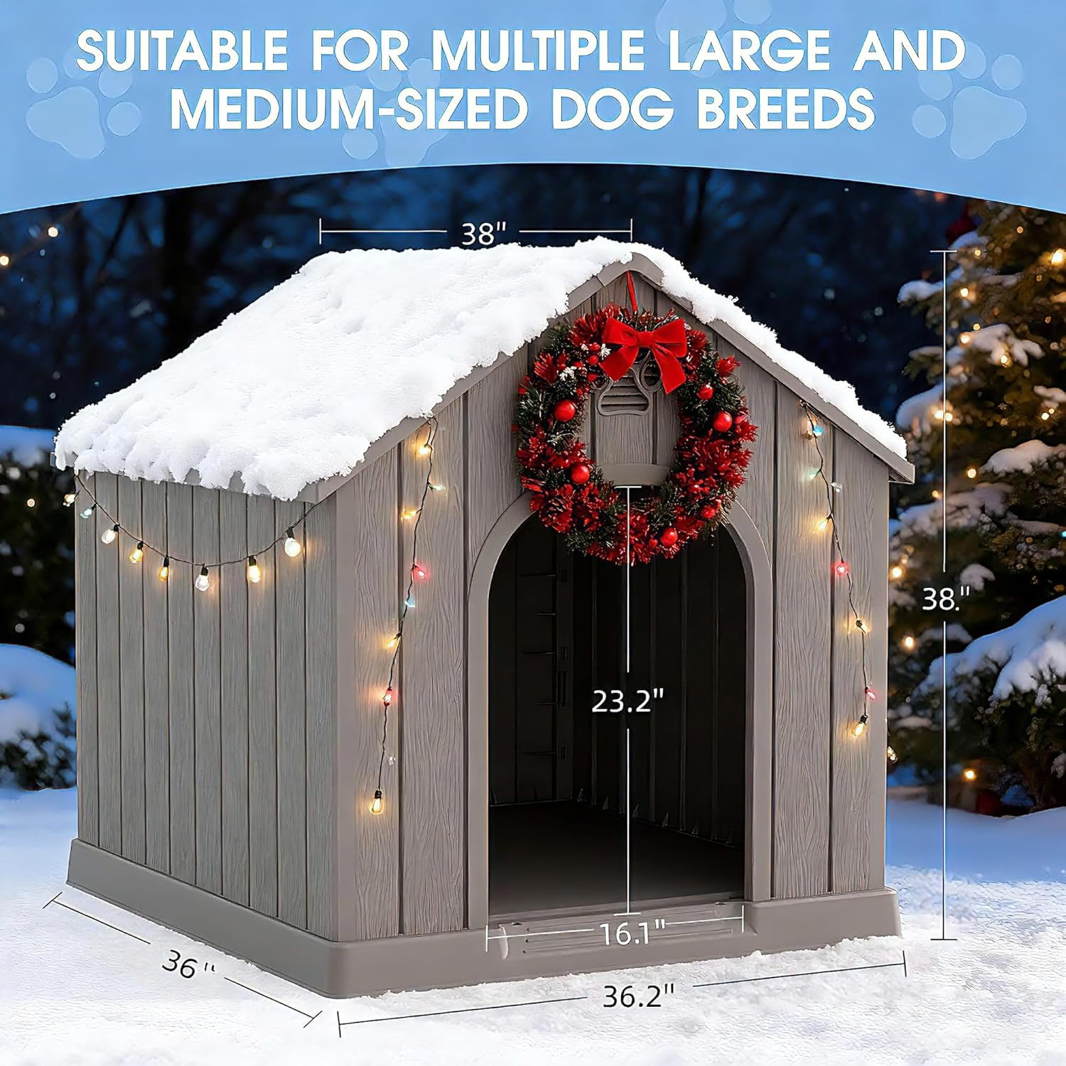 Large Dog House Outdoor Indoor for Medium Large Dogs, Durable Plastic Waterproof Doghouse with Air Vents and Elevated Floor, Easy Clean and Assemble (Light Grey, 36.2''L×38''W×38''H)