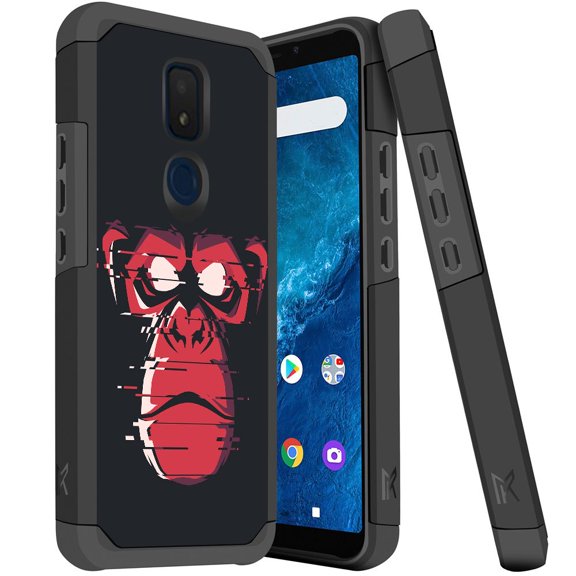 ANJ  Slim Dual Layer Hybrid Shockproof Case   Tempered Glass Cover for Cricket Icon 3, Splendor, AT&T Motivate 2 - Red Monkey Face