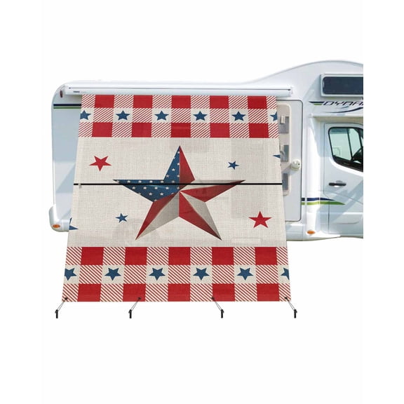 4th of July RV Awning Sun Shade Screen 9'X7' US Flag Mesh Sunscreen Stars Patriotic Buffalo Check Awning Shade Screen with Zipper UV Blocker Completed Kits Outdoor Canopy for RV Motorhome Camper