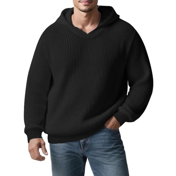 Men's Hooded Ribbed Knit Sweater Pullover Long Sleeve Casual Hoodie Sweater Top