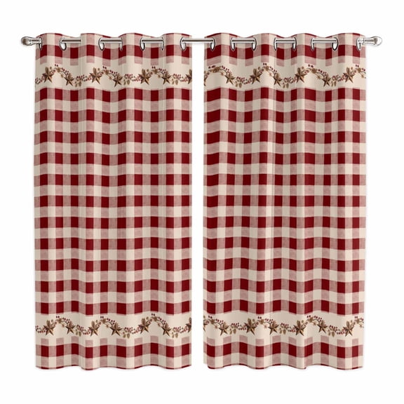 Western Texas Star Retro Kitchen Curtains Window Panels, Country Vintage Red Beige Plaid Insulated Window Treatment Curtain, Grommet Curtains for Bedroom/Living Room/Bathroom, 2 Piece 52"Wx84"L