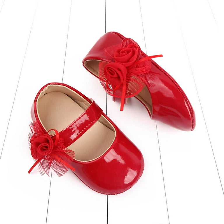 Avrntaa Baby First Shoes Girls Mary Jane Flats Soft Sole Non Slip Princess Wedding Dress Shoes Red Shoes Size 5Toddler