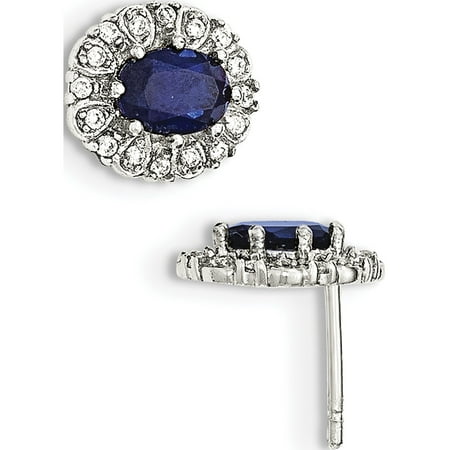 Synthetic Post - 925 Sterling Silver CZ and Synthetic Sapphire Oval Post (11x12mm) Earrings