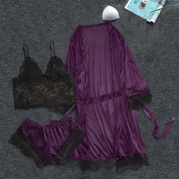 Ropa de dormir sexy para mujerconjunto de pijama con pantalones cortos y top de encaje de seda (púrpura L) Ehuebsd Para estrenar