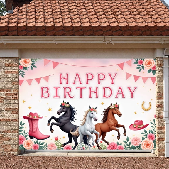 Floral Theme Horse Birthday Banner Western Style Display Pink Accents Horse Design Equestrian Party Backdrop for Birthday Party Girls Celebration Equestrian Event