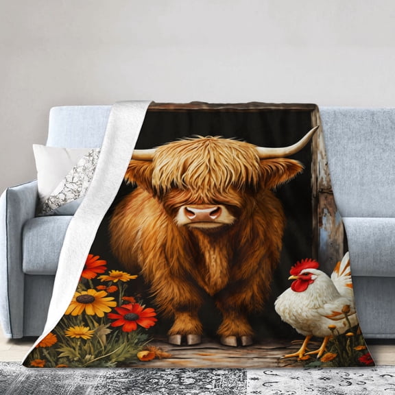 JOOCAR Flannel Throw Blanket Highland Cow And Chicken Design For Gift Home Sofa Bed Decoration 80x60 inch
