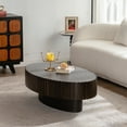 thumbnail image 3 of 43.3" Oval Coffee Table with Handcrafted Relief, Sturdy Pedestal Wooden Olive-Shaped Tea Table, Circle Fluted Drum Coffee Table for Apartment Living Room, Walnut+Black, 3 of 5
