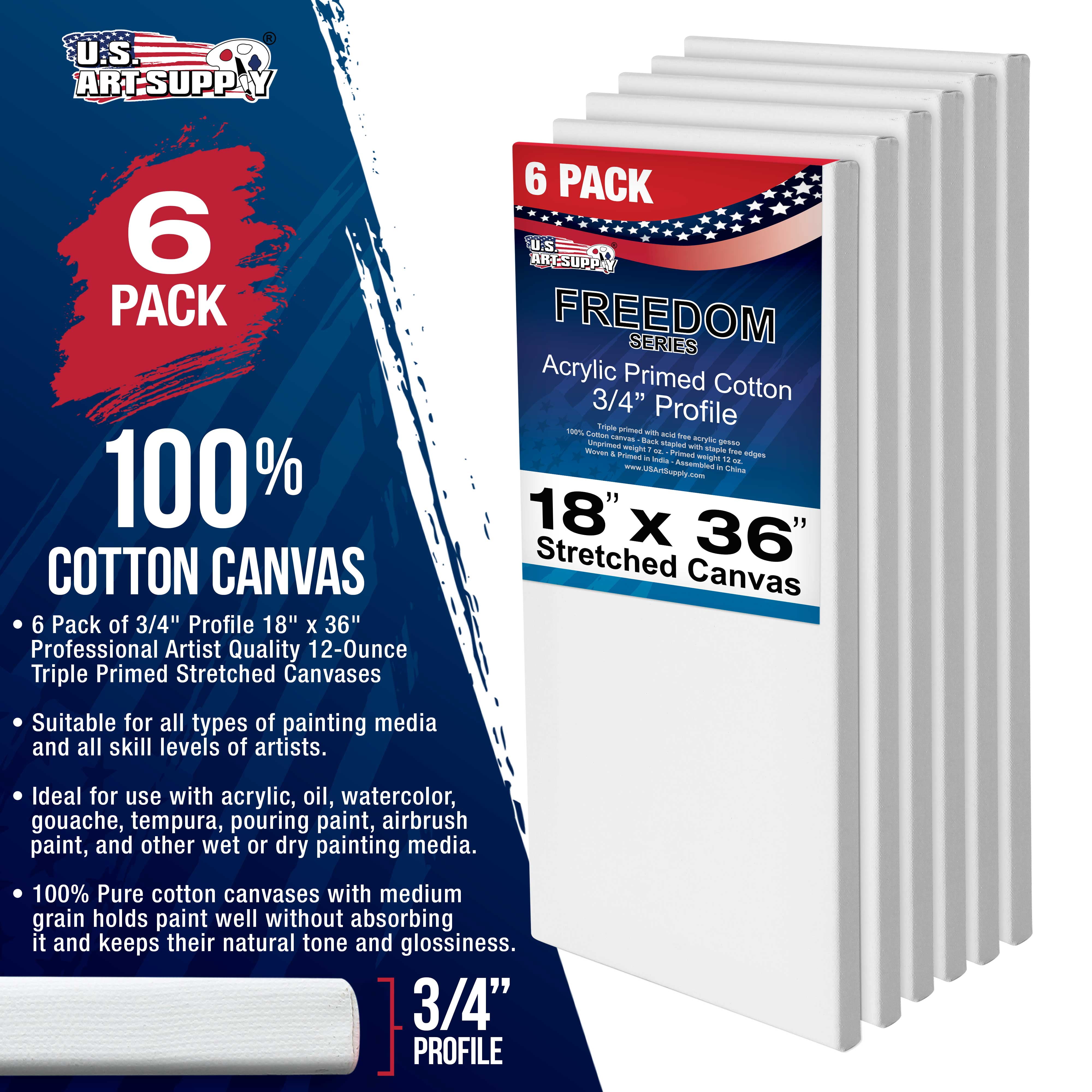 U.S. Art Supply 18 x 36 inch Stretched Canvas 12-Ounce Triple Primed, 6-Pack - Professional Artist Quality White Blank 3/4" Profile, 100% Cotton, Heavy-Weight Gesso - Acrylic Pouring, Oil Painting