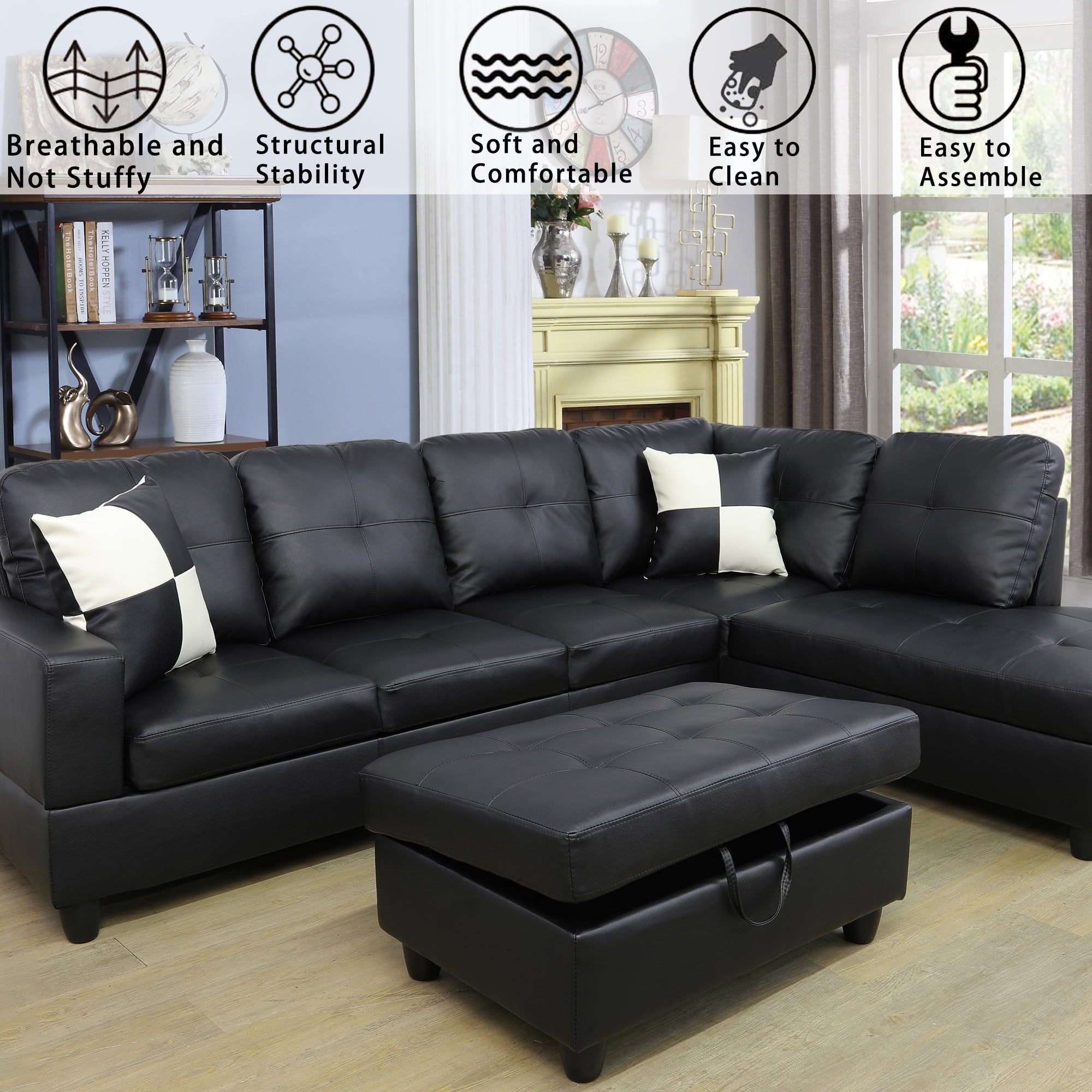 Black Faux Leather Sectional Sofa Bed With Left Facing Storage Chaise ...