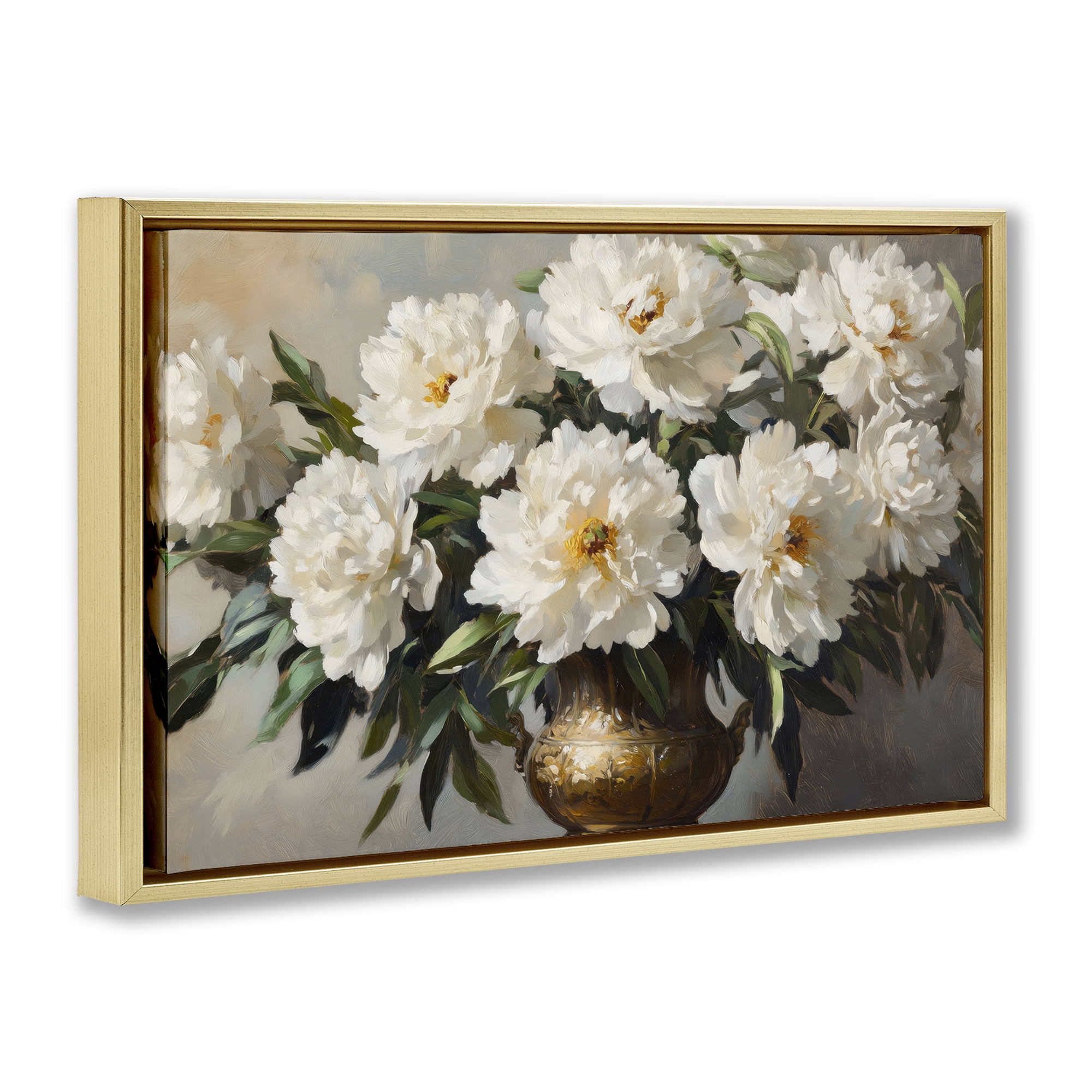 Stupell Industries Golden Vase with Peonies Gold Framed Floater Canvas Wall Art, design by Petal Prints Design