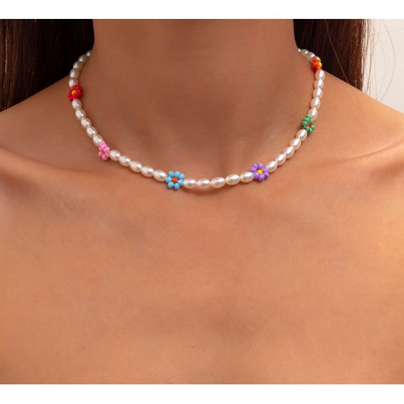 Imitation Pearl Multi Colored Beaded Flower Choker Necklace