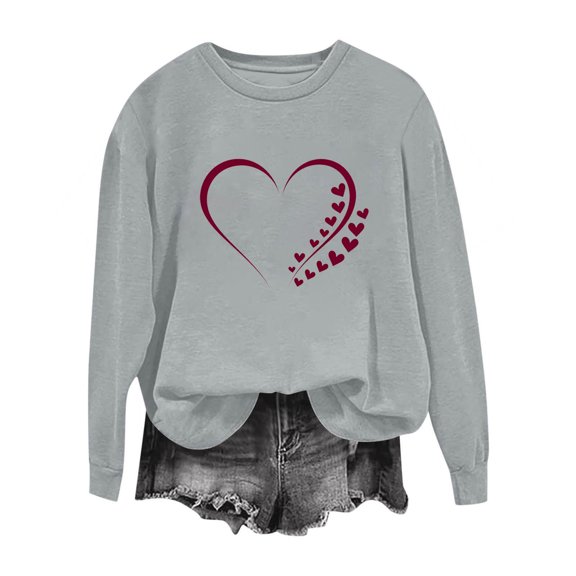 Valentines Sweatshirt for Women Funny Love Heart Graphic Shirts Casual Crewneck Holiday Pullover Long Sleeve Tops (S, Gray)
