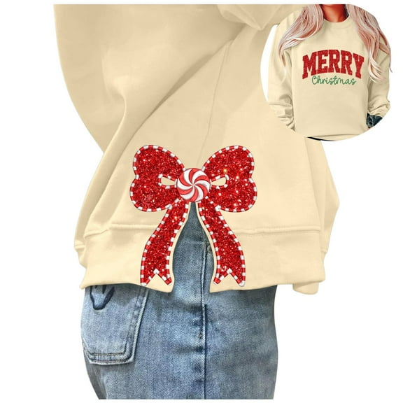 Wang6 Womens Whtie Graphic Sweatshirts Trendy Crew Neck Long Sleeve"Merry Christmas"Pullovers Casual Side Slit Hem Bow Tshirts Tops Y_Beige L
