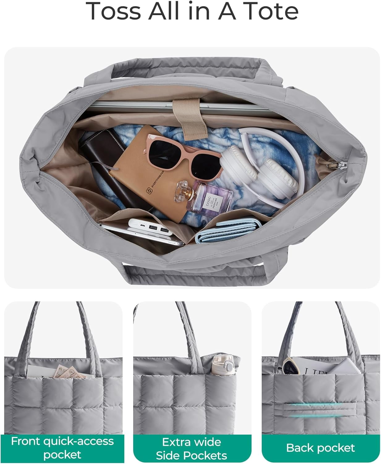 mirlewaiy Tote Bag for Women, Puffer Work Tote Handbag, Quilted Carry-On Travel Gym Bag(Grey)