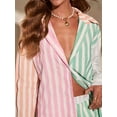 thumbnail image 4 of Women'S 2 Piece Casual Tracksuit Sets Stripe Long Sleeve Shirt and Loose High Waisted Mini Shorts Set Pink Green S, 4 of 8