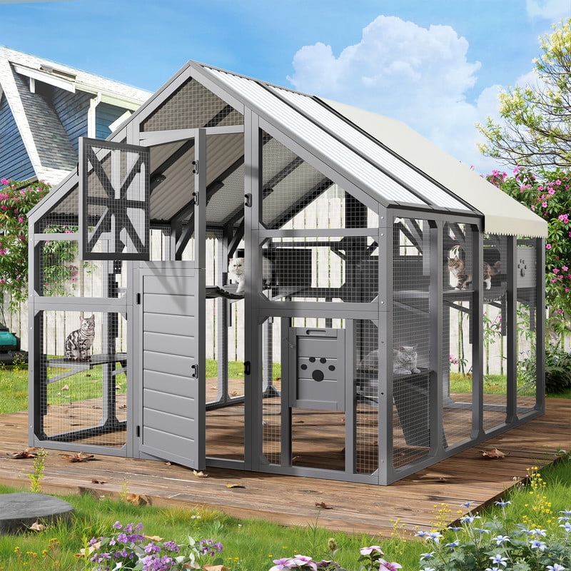 Mirightone Extra Large Catio Outdoor Cat Enclosure with Bridges, 8 Platforms and 2 Resting Boxes, Walk-in Outdoor Cat Enclosure with Weatherproof Cover for Multiple Pets, Grey